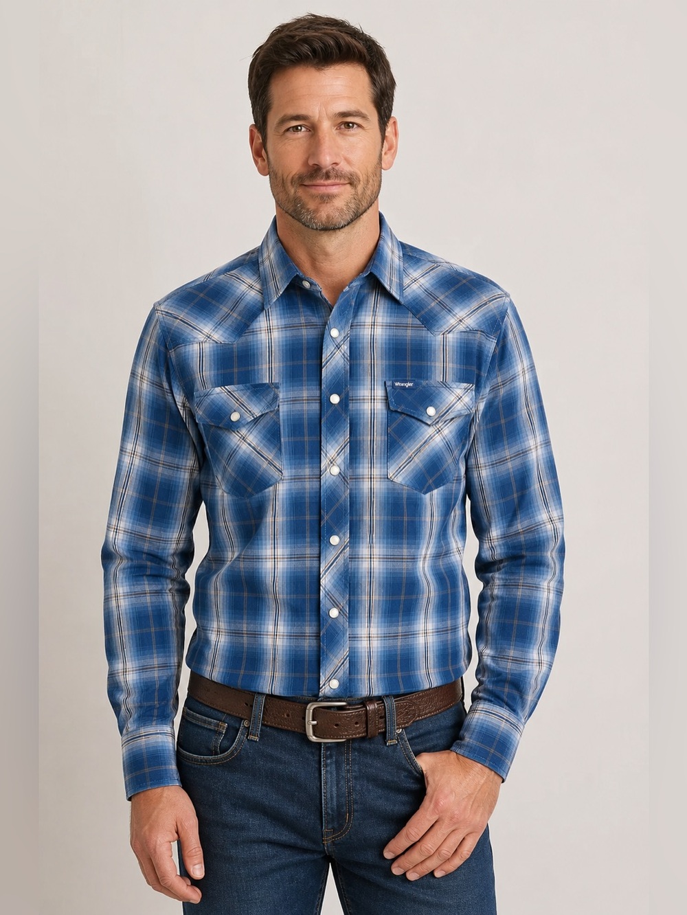 Wrangler Blue Plaid Pearl Snap Western Shirt Long Sleeve Mens 90s Y2K Cowboycore